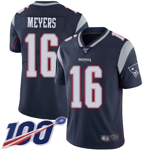 New England Patriots Football #16 100th Season Limited Navy Blue Men Jakobi Meyers Home NFL Jersey